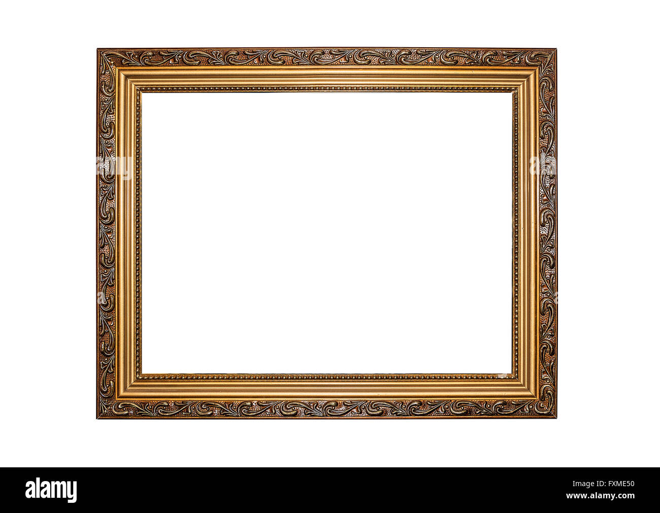 Il colore oro cornice immagine isolata su bianco. Foto Stock