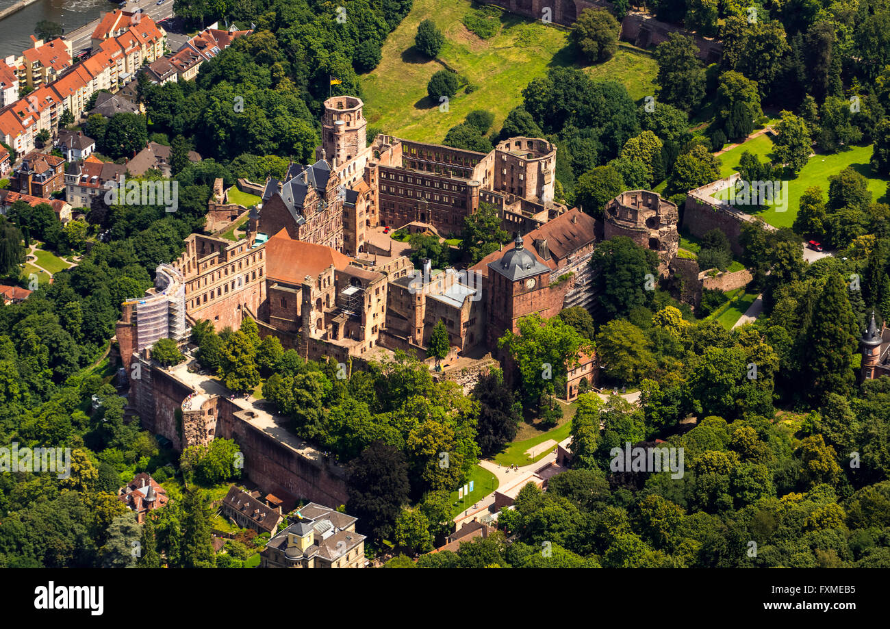 Vista aerea, Schloss Heidelberg, Castello di Heidelberg, Schloss Heidelberg rovina, cortile del castello, Friedrichsbau, Heidelberg, Foto Stock
