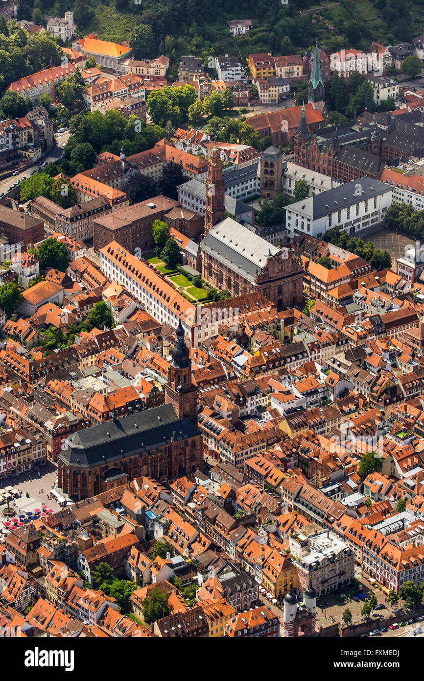 Vista aerea, Heidelberg, Heiggeistkirche anteriore e di Heidelberg e sullo sfondo la Chiesa Gesuita, Rhein-Neckar-Kreis, Foto Stock