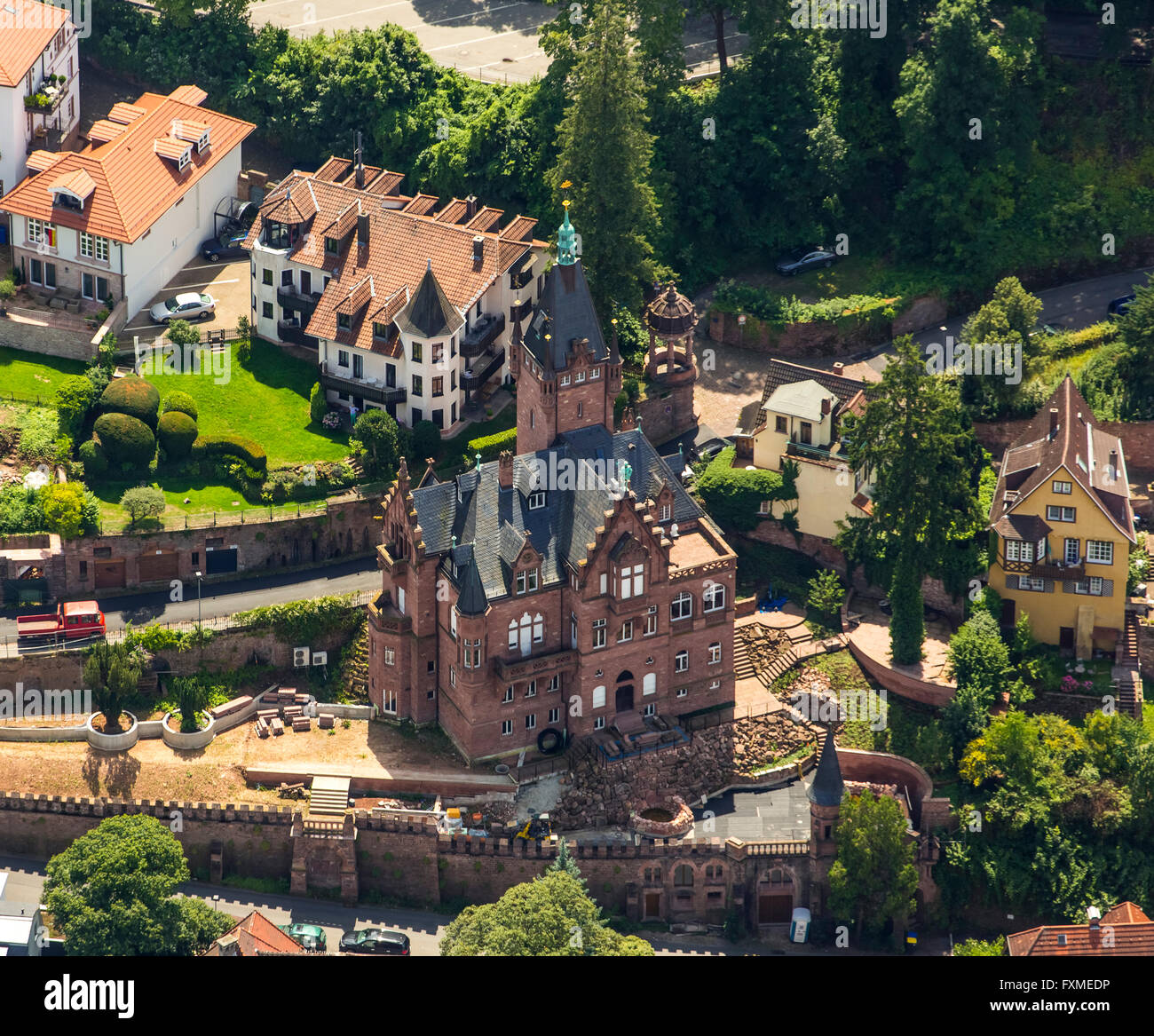 Vista aerea, Villa sulla nuova strada del castello di Heidelberg, Rhein-Neckar-Kreis, Baden-Wuerttemberg, Germania, Europa, vista aerea, Foto Stock