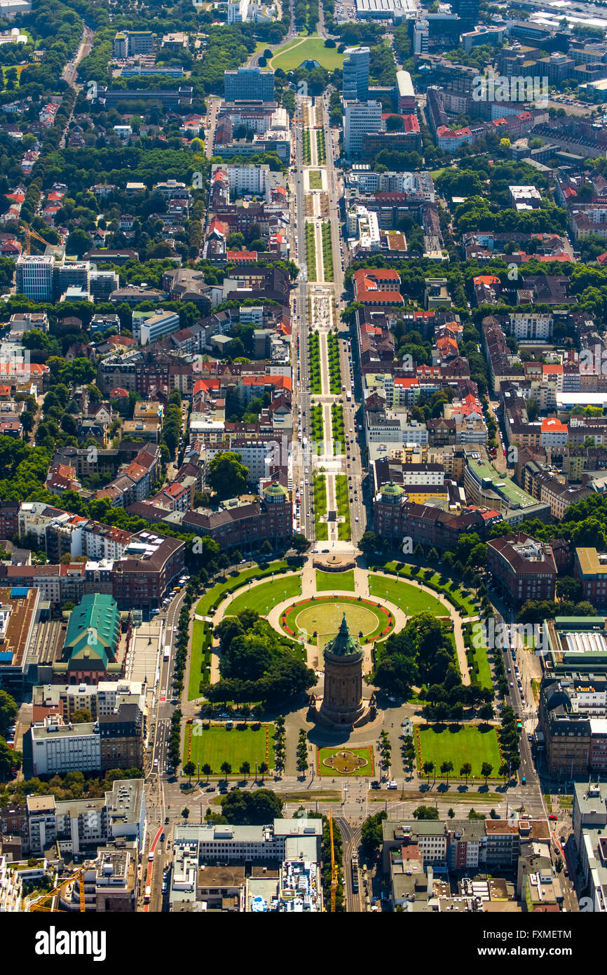 Antenna, Water Tower con parco sulla Friedrichsplatz, Mannheim, Baden-Württemberg, Germania, Europa, vista aerea, uccelli-eyes view Foto Stock