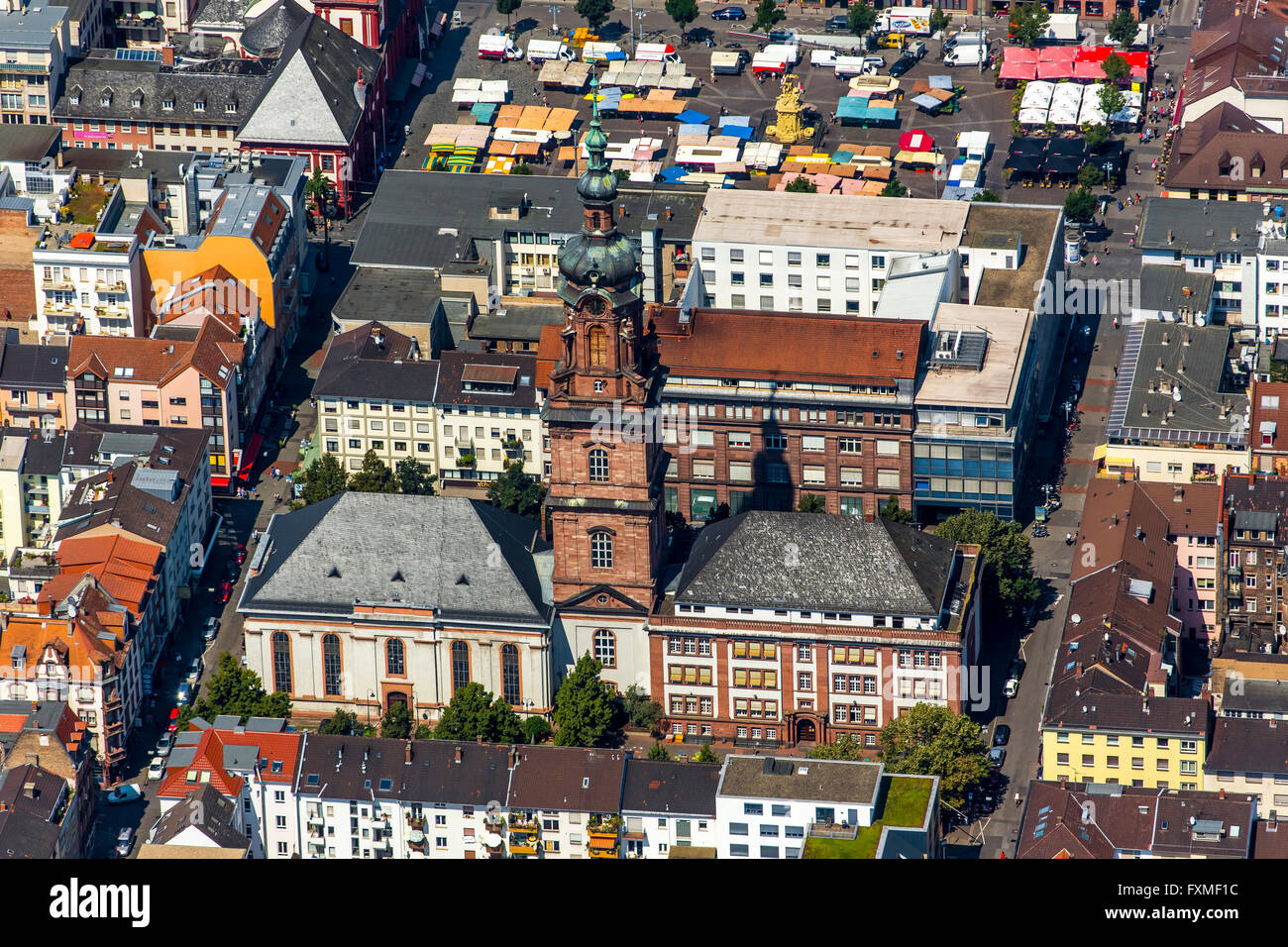 Vista aerea, Chiesa Konkordien Mannheim, in background marketplace Mannheim con ex Mannheim town hall, San Sebastian's Foto Stock