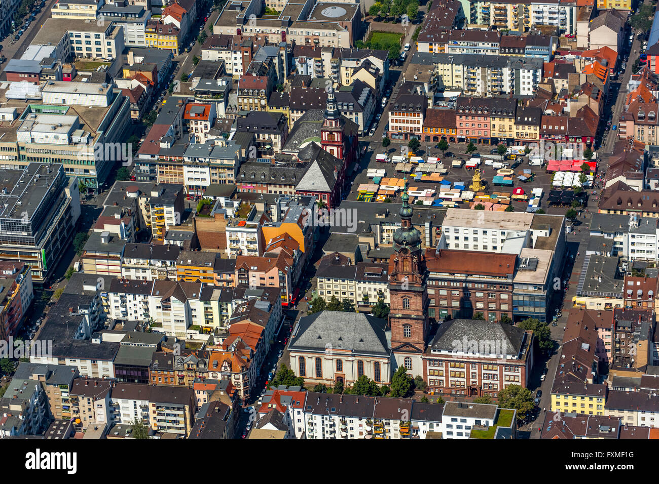 Vista aerea, Chiesa Konkordien Mannheim, in background marketplace Mannheim con ex Mannheim town hall, San Sebastian's Foto Stock