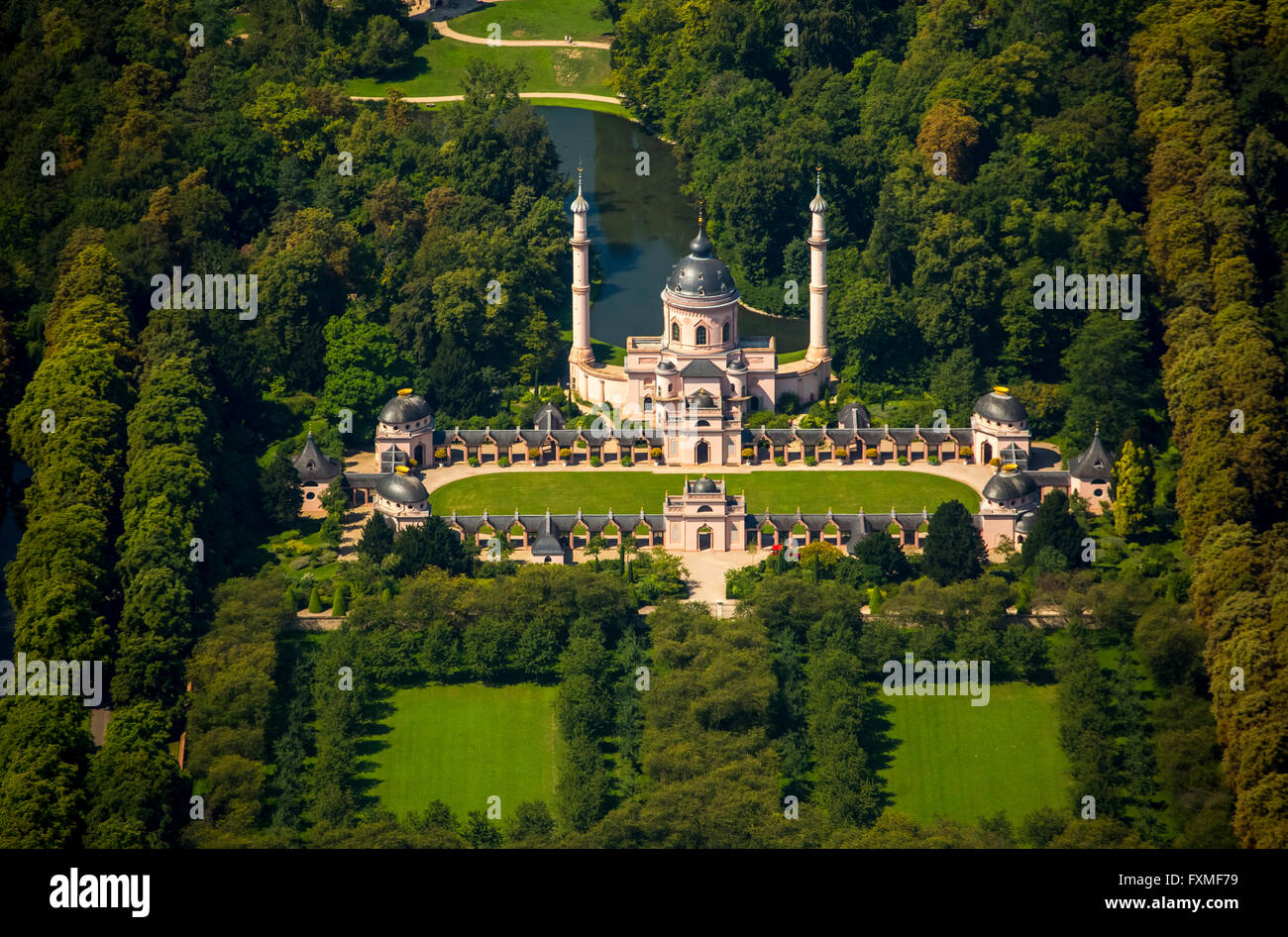 Vista aerea, Moschea Rossa nel bagno turco Giardino, Schwetzingen Castello con il giardino del castello, Baden-Wuerttemberg, Germania, Europa Foto Stock