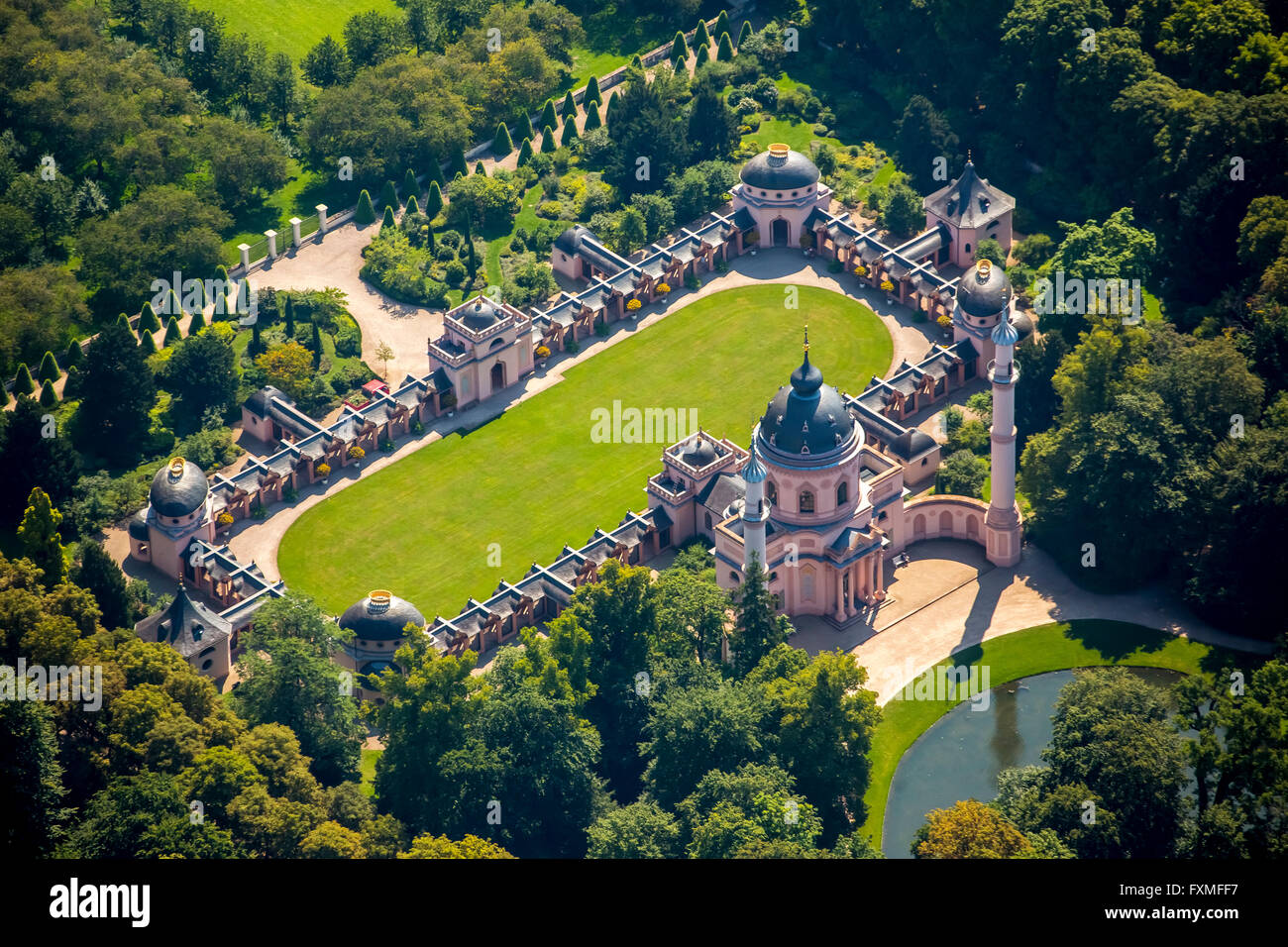 Vista aerea, Moschea Rossa nel bagno turco Giardino, Schwetzingen Castello con il giardino del castello, Baden-Wuerttemberg, Germania, Europa Foto Stock