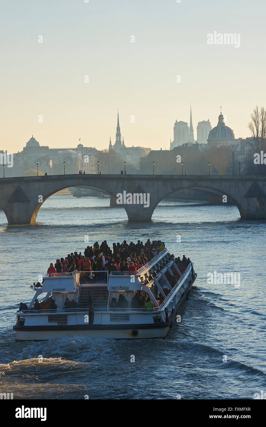 La barca turistica sul fiume Senna, Parigi, Francia Foto Stock