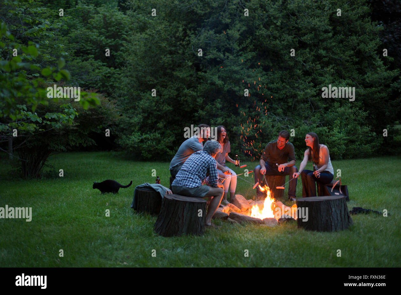 Gruppo di adulti attorno a una buca per il fuoco, Brampton Inn, Chestertown, Maryland, Stati Uniti d'America Foto Stock