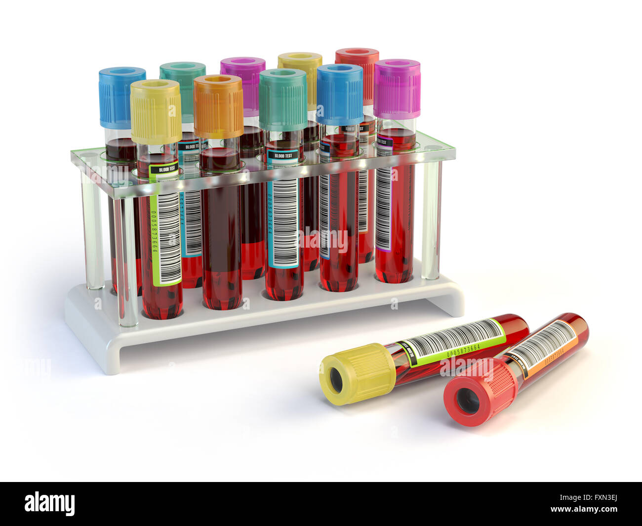 Il sangue di provette. I campioni di sangue in un rack isolato su bianco. 3d illustrazione Foto Stock