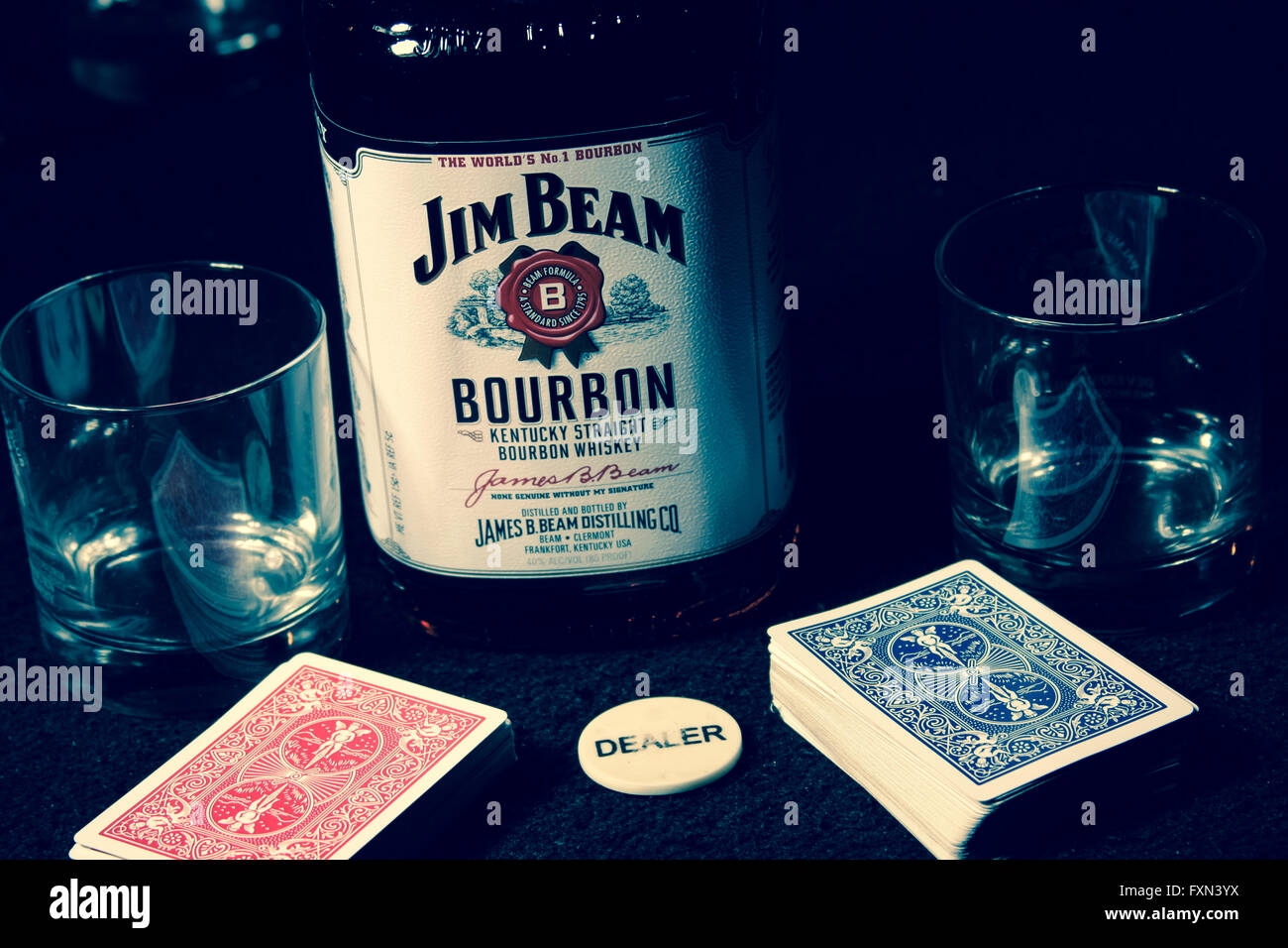 Jim Beam Bourbon sul tavolo del Poker Foto Stock