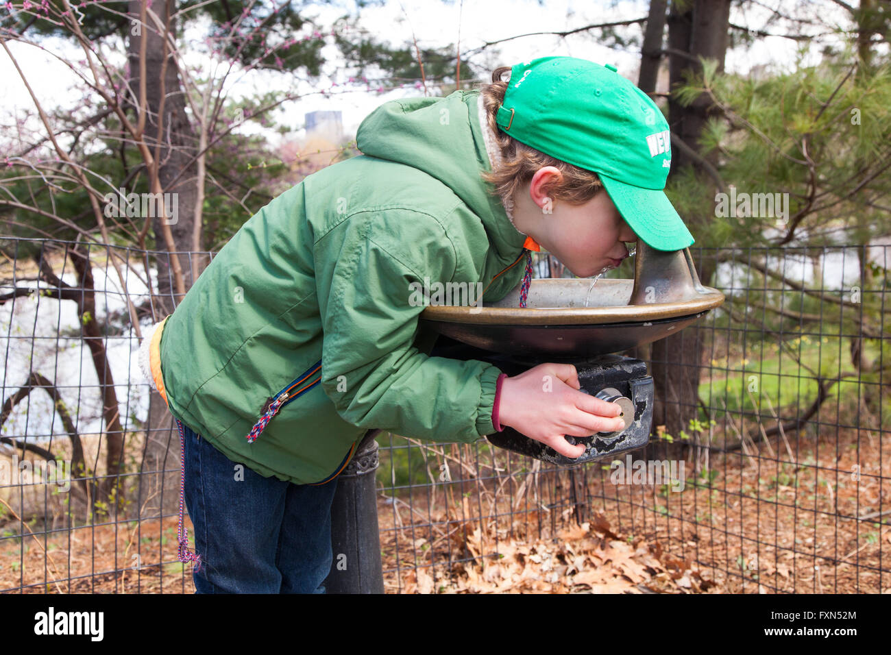 6 anno vecchio ragazzo di bere da una fontana di acqua nel Central Park di New York City, Stati Uniti d'America. Foto Stock