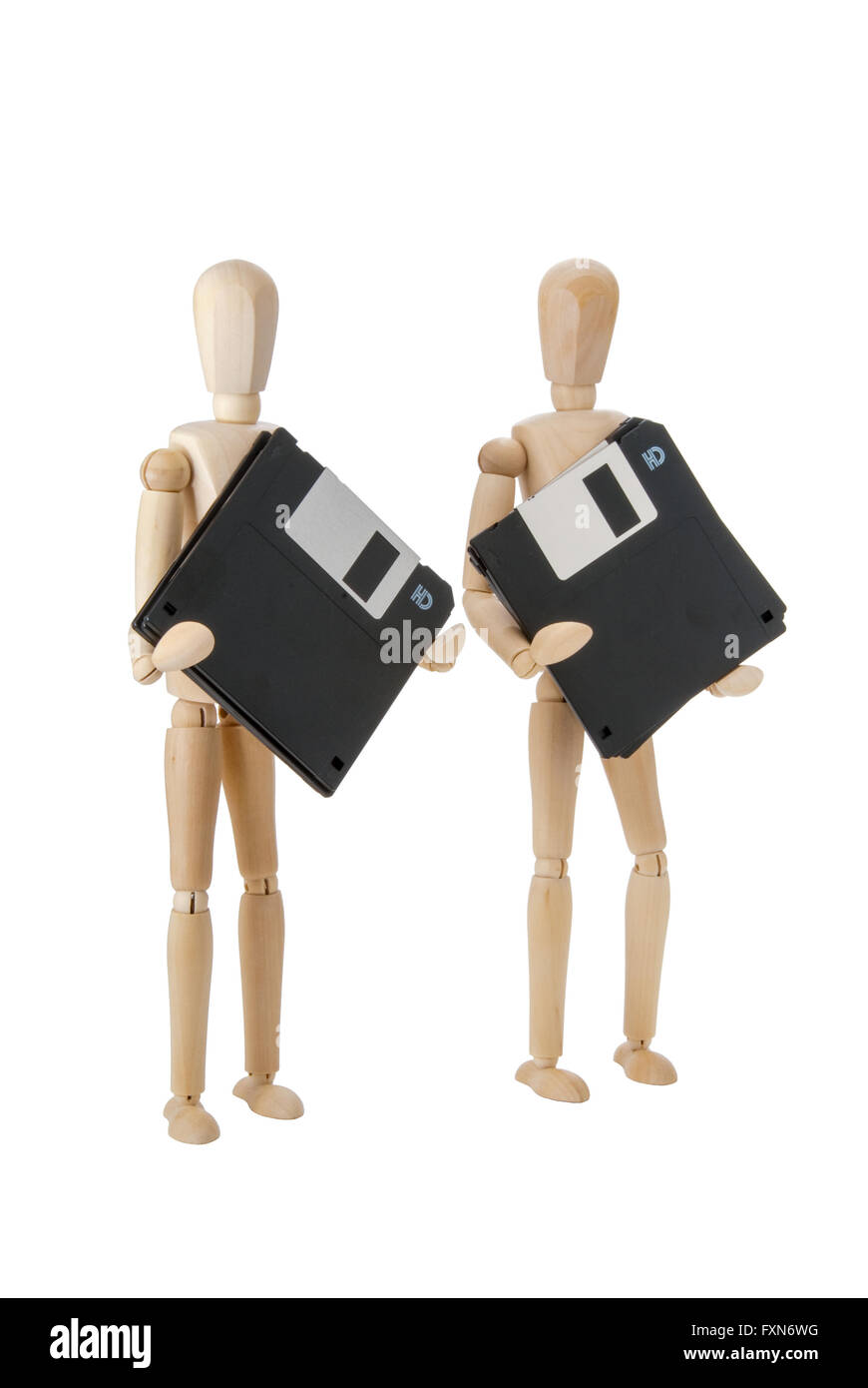Bambole di legno con i supporti per lo storage dei dati, 3,5 pollici flopppies Foto Stock