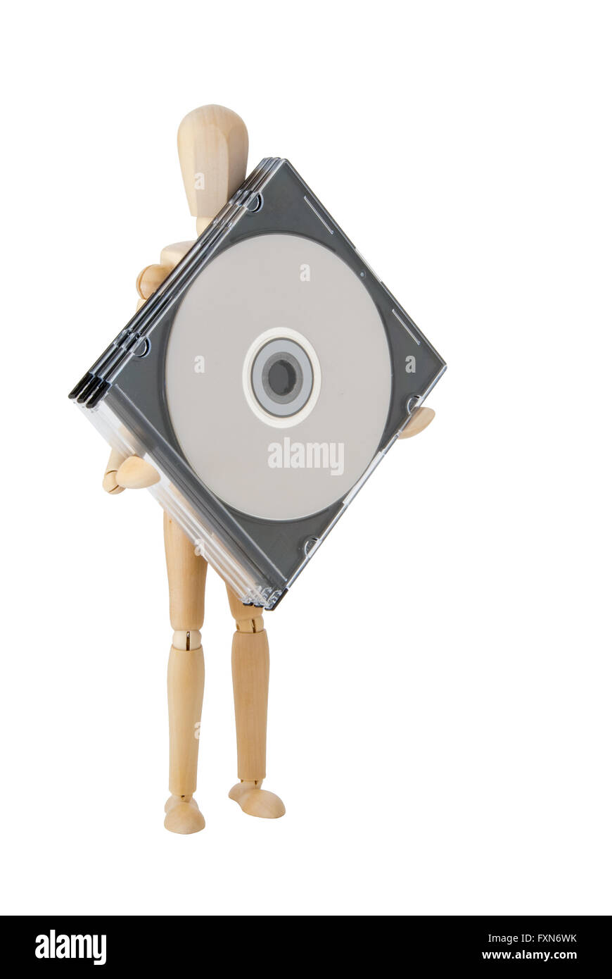 Il burattino di legno cariies supporti per la memorizzazione di dati, CD o DVD Foto Stock