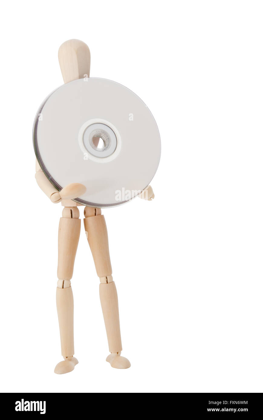 Il burattino di legno cariies supporti per la memorizzazione di dati, CD o DVD Foto Stock