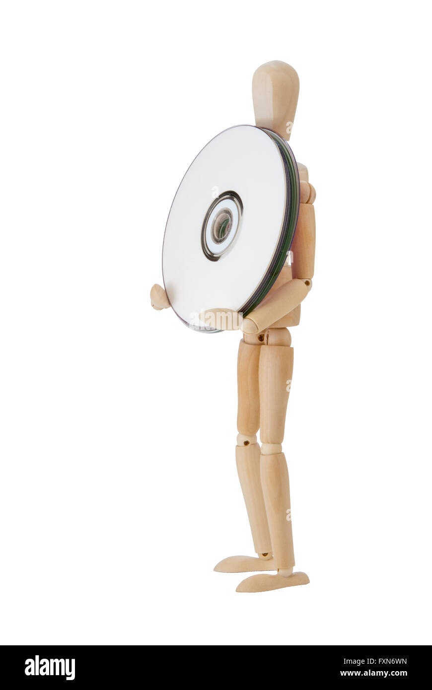 Il burattino di legno cariies supporti per la memorizzazione di dati, CD o DVD Foto Stock