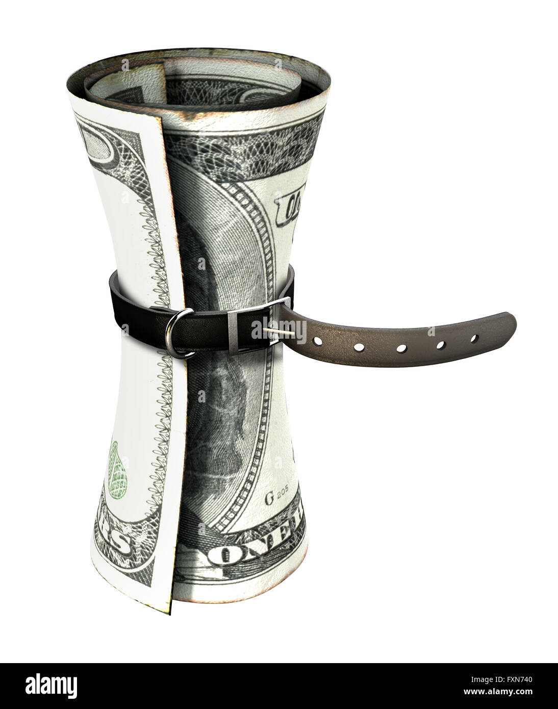 Regolare la cinghia di cuoio che è stato serrato molto stretta intorno a un laminato dollaro US Bank nota su un isolato bianco backg studio Foto Stock