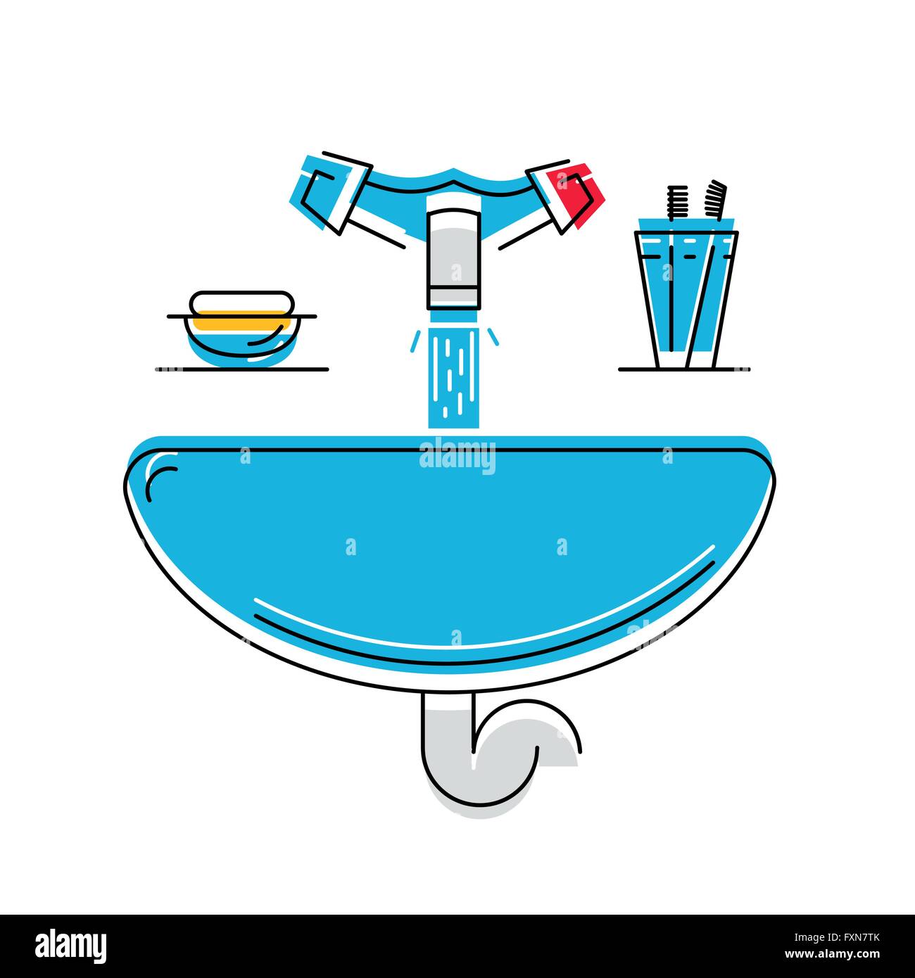 Il lavandino del bagno con sapone e spazzolini da denti, Stile linea illustrazione vettoriale, igiene personale Illustrazione Vettoriale