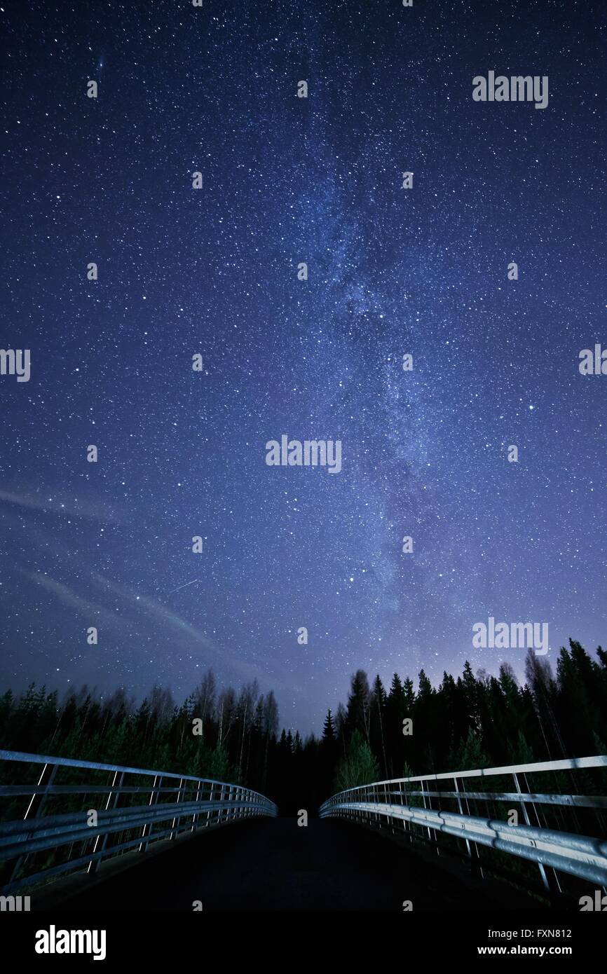 Un cielo notturno pieno di stelle e visibile la Via Lattea con un ponte sul primo piano. Strada che conduce alla foresta scura. Foto Stock