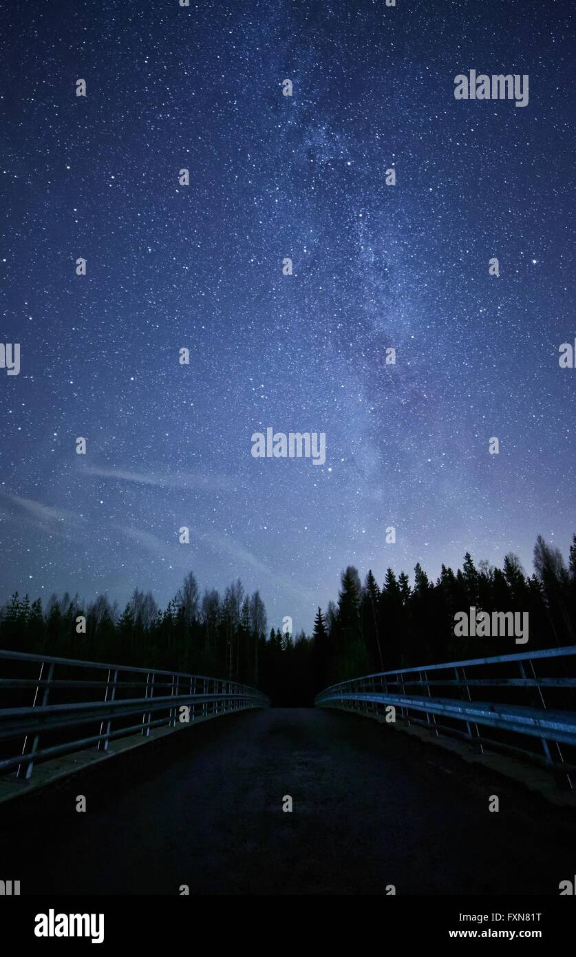 Un cielo notturno pieno di stelle e visibile la Via Lattea con un ponte sul primo piano. Strada che conduce alla foresta scura. Foto Stock