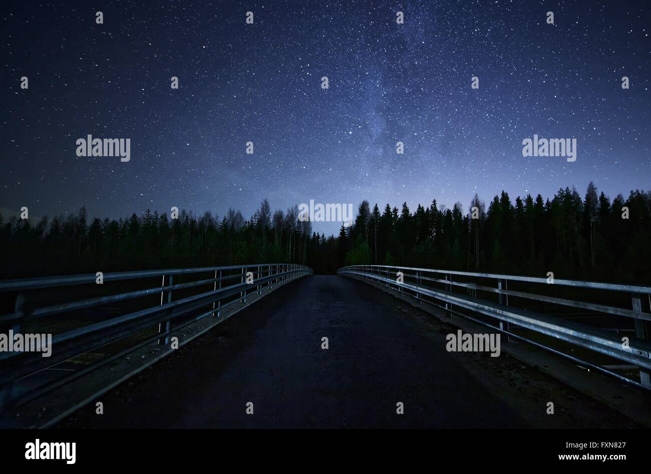 Una strada che conduce al cielo notturno pieno di stelle e visibile la via lattea. Un ponte e foresta scura in primo piano. Foto Stock