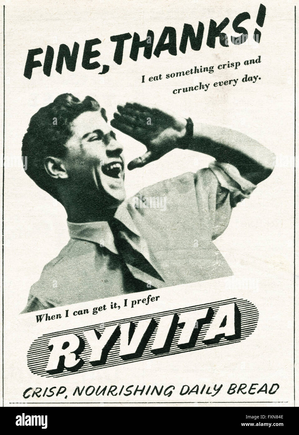 Originale vecchia vintage magazine annuncio pubblicitario dal WW2 periodo. Il tempo di guerra annuncio datato 1944 pubblicità Ryvita pane croccante Foto Stock