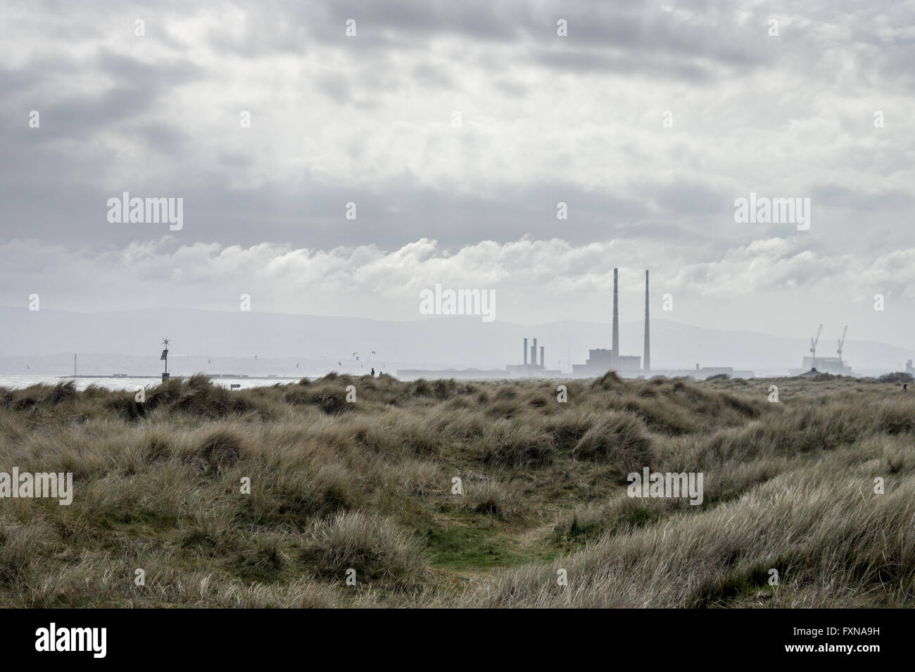 Vista del porto di Dublino e di Poolbeg stazione di generazione da Bull Island Foto Stock