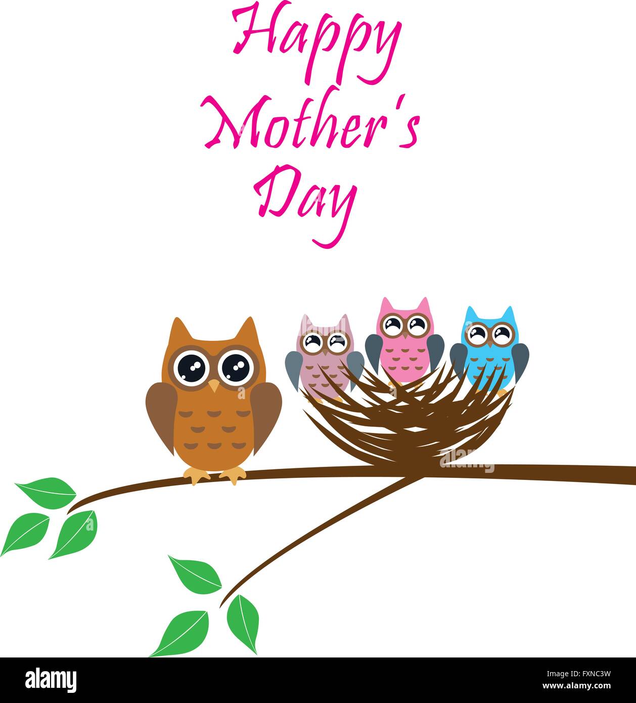 Illustrazione vettoriale di giorno della madre card con il gufo famiglia in un nido Illustrazione Vettoriale