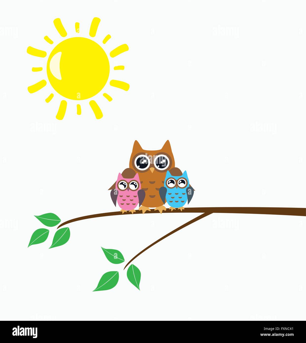 Illustrazione vettoriale di giorno della madre card con il gufo famiglia in un nido Illustrazione Vettoriale