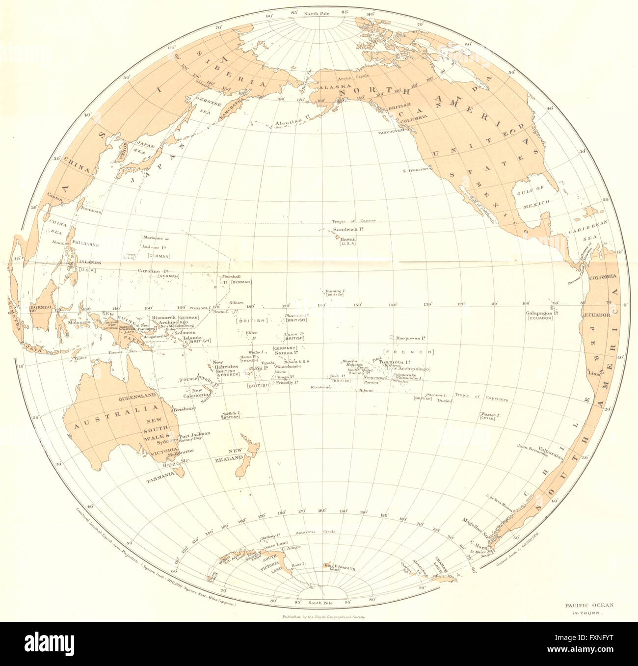 Oceano Pacifico: Influence-Thurn europea, 1915 Mappa antichi Foto Stock