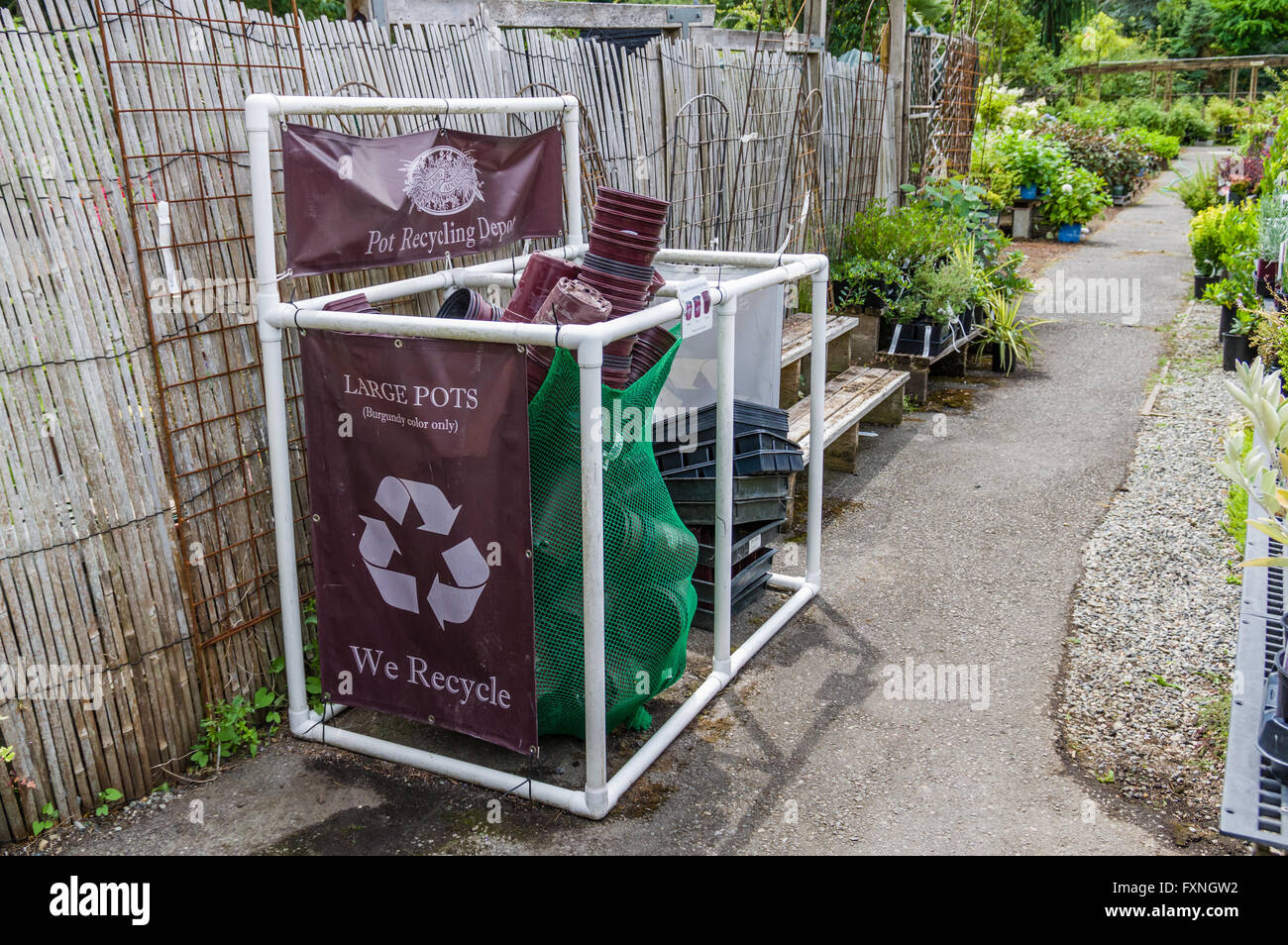 Il contenitore di riciclaggio per la plastica pentole in corrispondenza di un punto di vendita al dettaglio Centro giardino Foto Stock