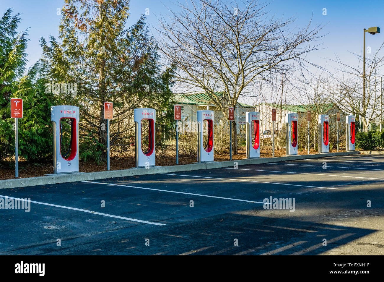 Tesla veicolo elettrico delle stazioni di ricarica a un negozio di alimentari. Sandy, Oregon Foto Stock