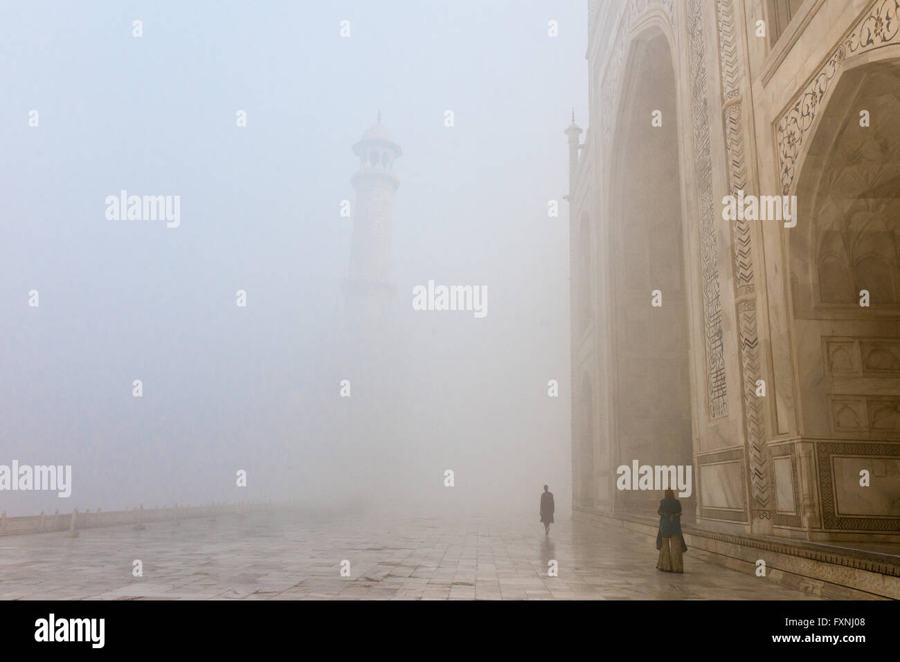 Le figure nella nebbia al Taj Mahal, India Foto Stock