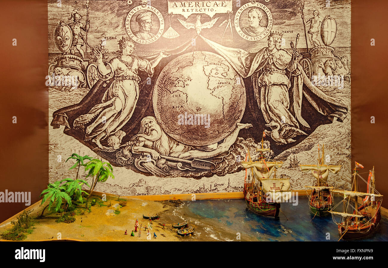 Italia Liguria Genova Galata Museo del Mare - Massa - piano stanza "Christopher Columbus un marinaio Genovese?' -lo sbarco di Colombo a San Salvador il 10/12/1492 Foto Stock