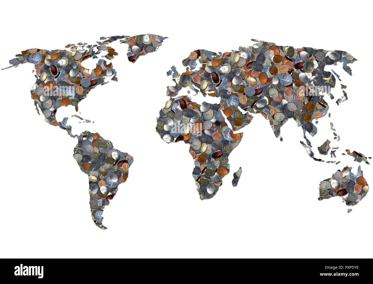 Mappa mondo fatto di monete. Foto Stock