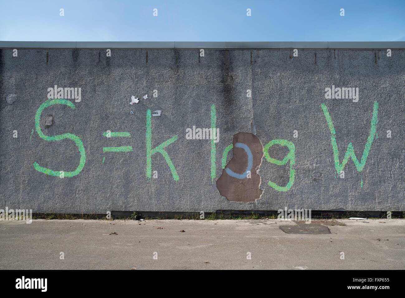 Boltzmannâ€™s'equazione asserisce che l'entropia (S) può essere misurata in termini di numero di possibili dei microstates di un dato macrostato (un esempio di un macrostato sarebbe una parete realizzata con una determinata fornitura di mattoni. I modi possibili i mattoni possono essere arrang Foto Stock