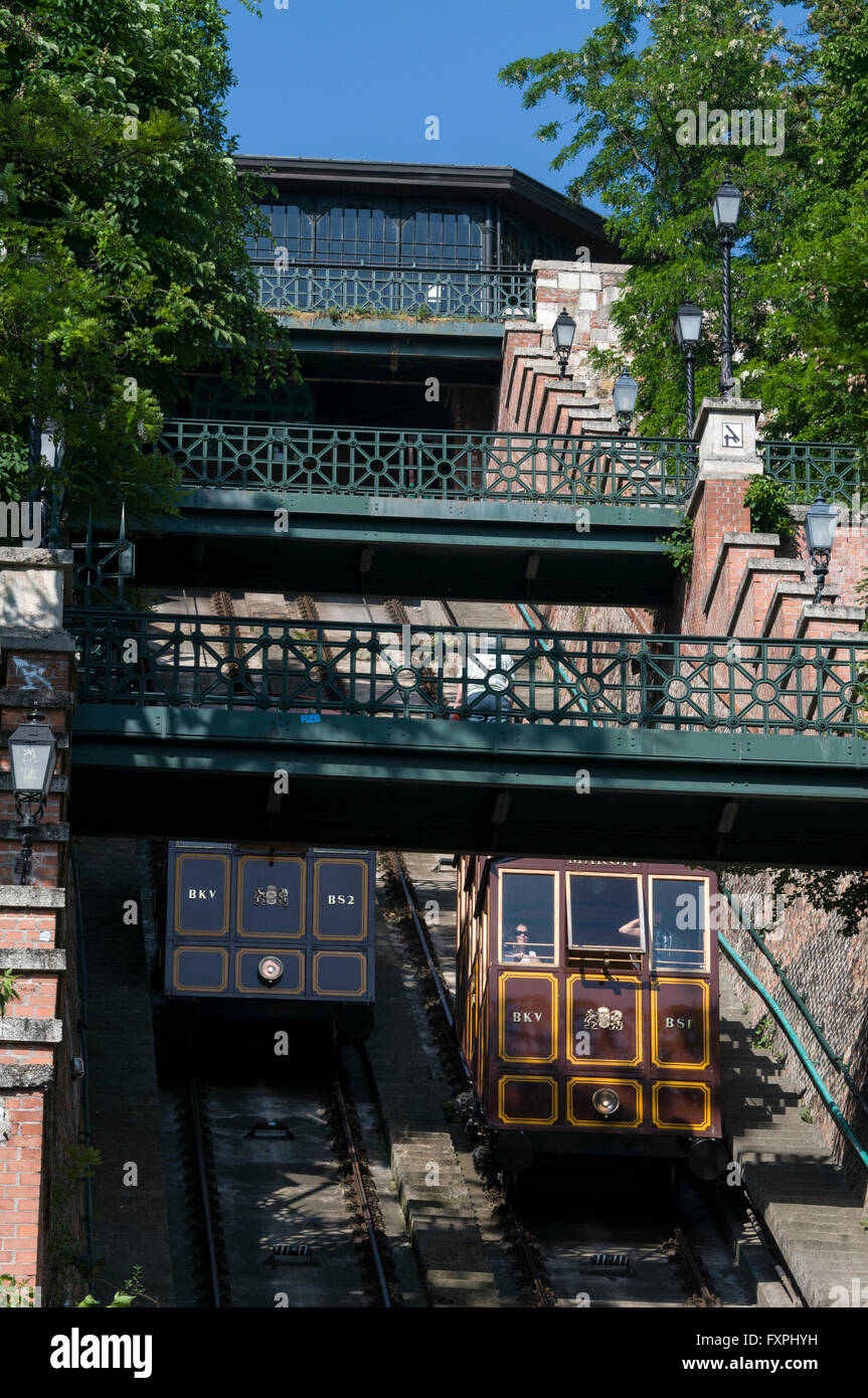La Funicolare collega sul Castello di Buda Hill sul lato Buda di Budapest in Ungheria. Foto Stock