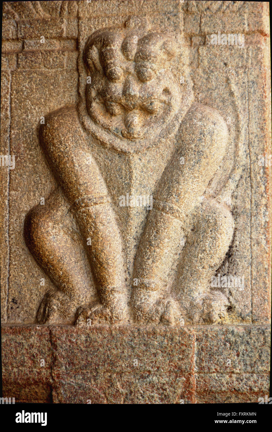 Umoristico postura seduta di Lion su pilastri in pietra a Narasimha tempio in Nandi colline nei pressi di Bengaluru, Karnataka, India, Asia Foto Stock