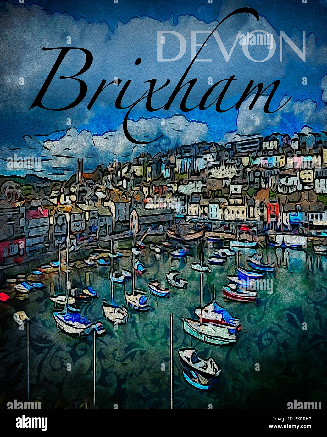 Arte digitale: Brixham Harbour & Città (Devon, Regno Unito) Foto Stock