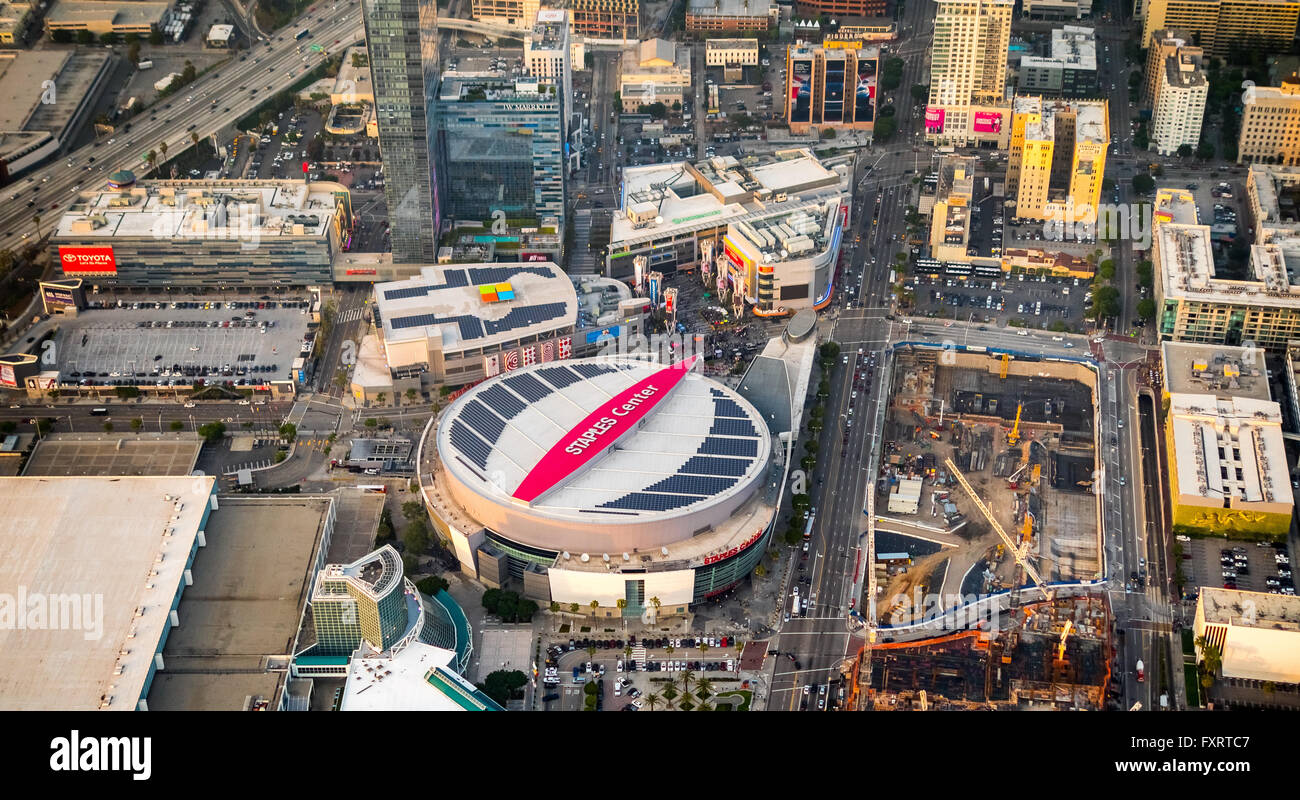 Vista aerea, sala eventi Staples Center di Los Angeles in Los Angeles in Los Angeles County, California, Stati Uniti d'America, Stati Uniti d'America, Foto Stock