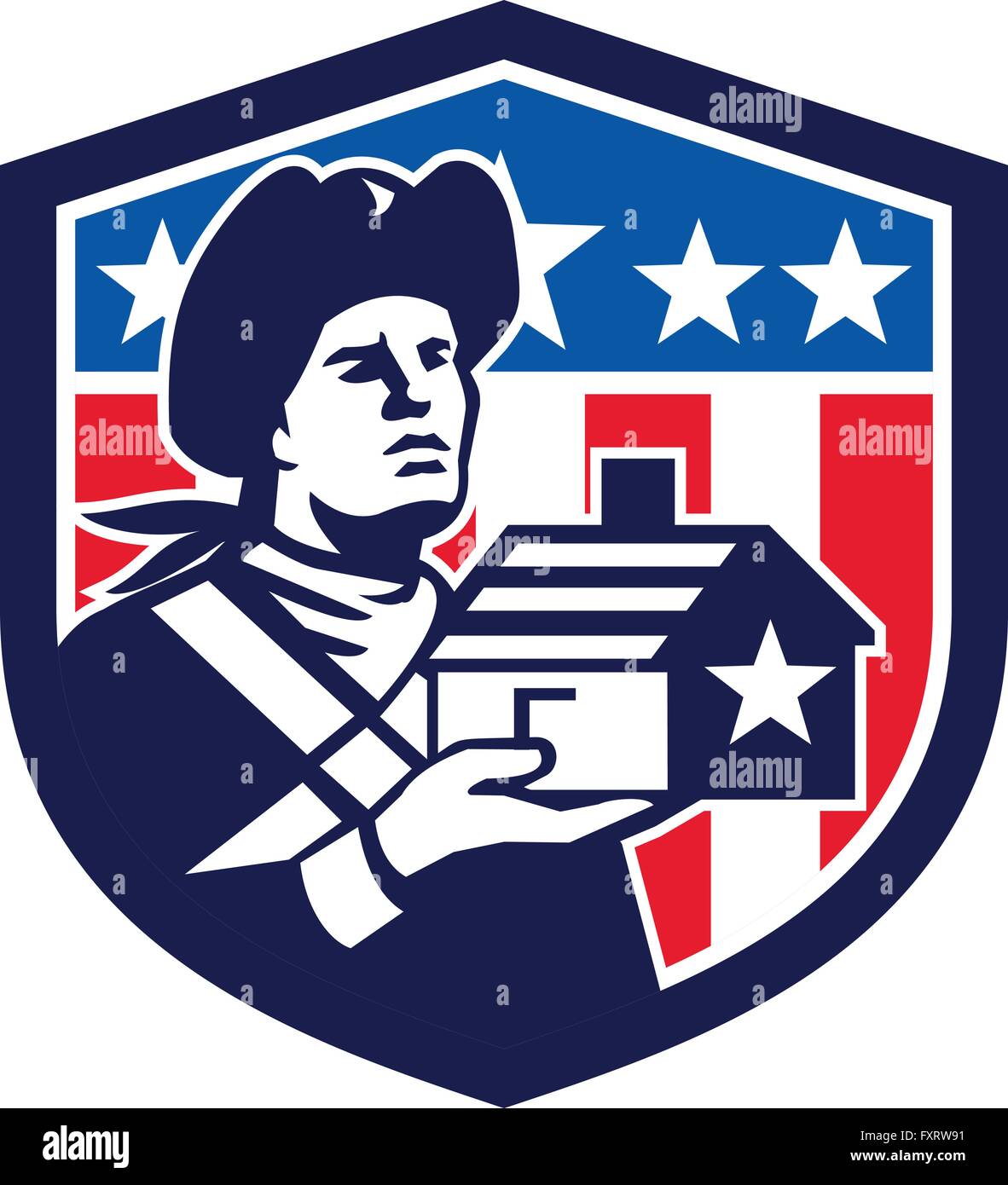 Illustrazione di un american patriot azienda house con strisce e stelle di design insieme all'interno della protezione con american bandiera degli stati uniti in background fatto in stile retrò. Illustrazione Vettoriale