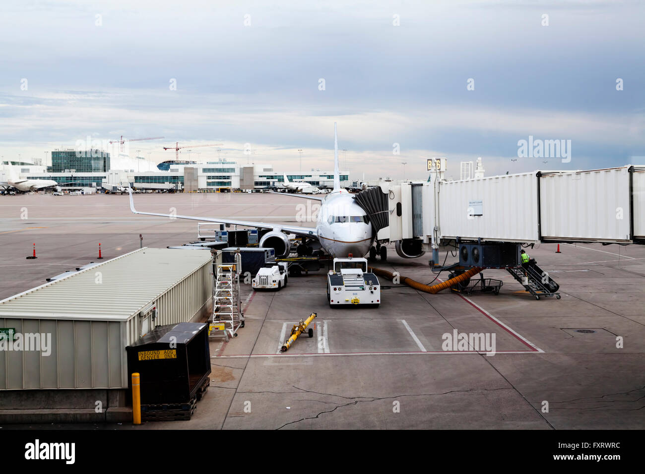 Aviogetti a Denver Airport carico dei bagagli Foto Stock