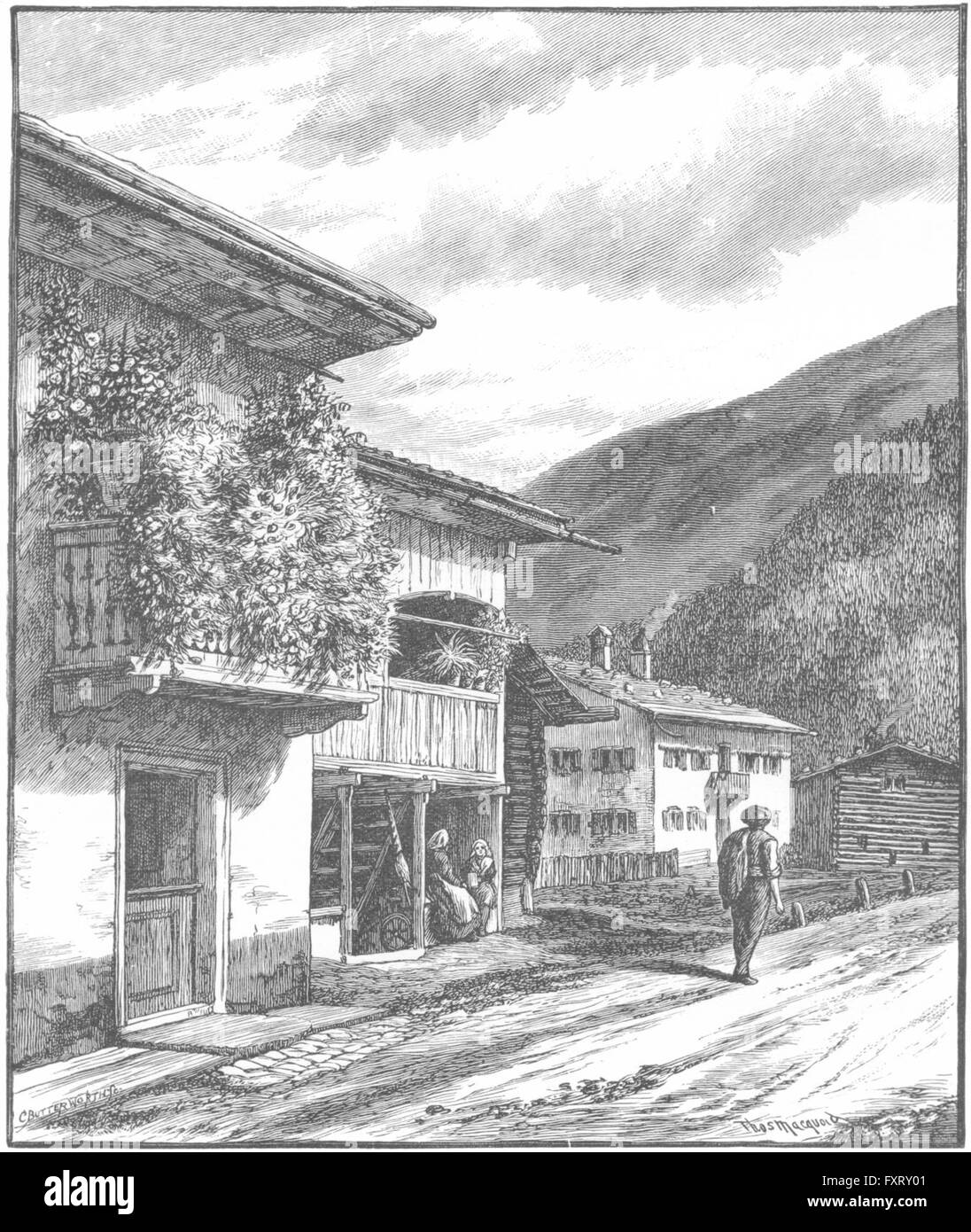 DAVOS: Dorfli, NE dei Grigioni, strada per Fluela pass, antica stampa 1891 Foto Stock