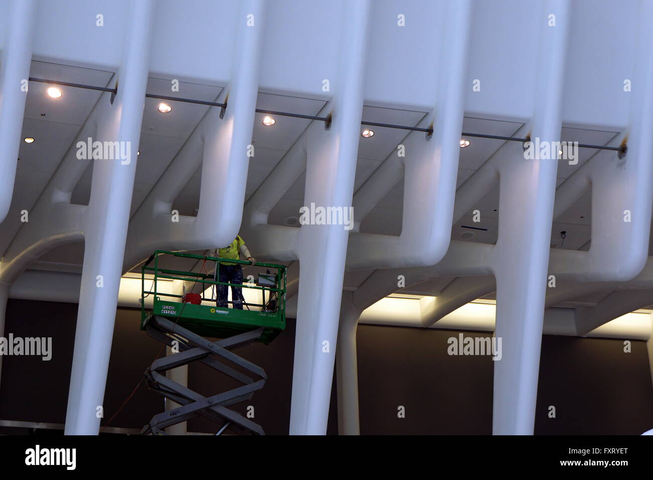 Operaio edile lavorando sulle travi bianche al WTC Oculus, New York City, NY, STATI UNITI D'AMERICA Foto Stock