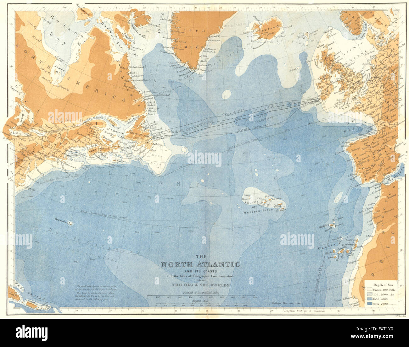 Il Nord Atlantico: cavo telegrafico percorsi, c1885 mappa antichi Foto Stock