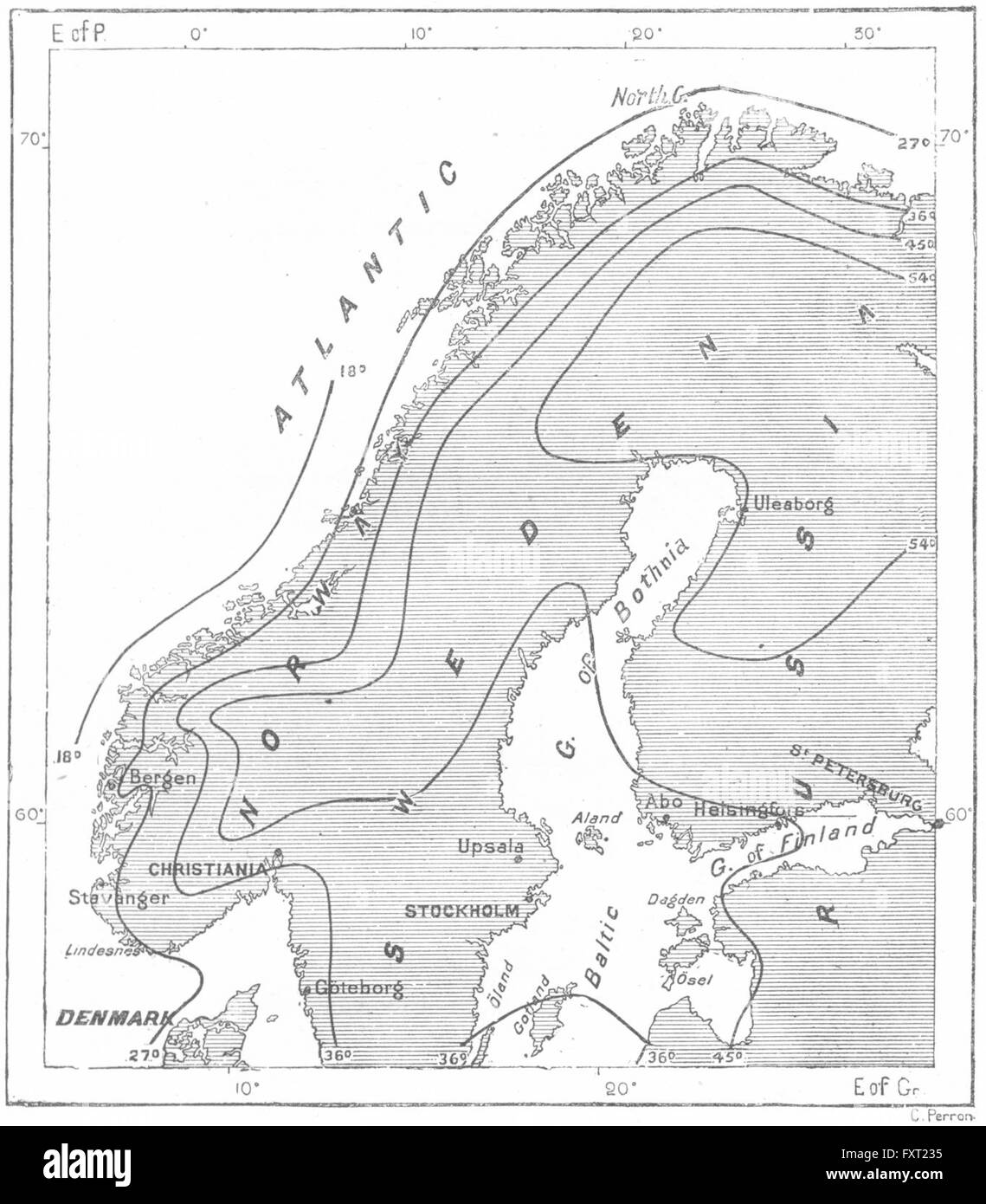 SCANDINAVIA: stagionali il cambiamento di temperatura, Mohn, c1885 mappa antichi Foto Stock