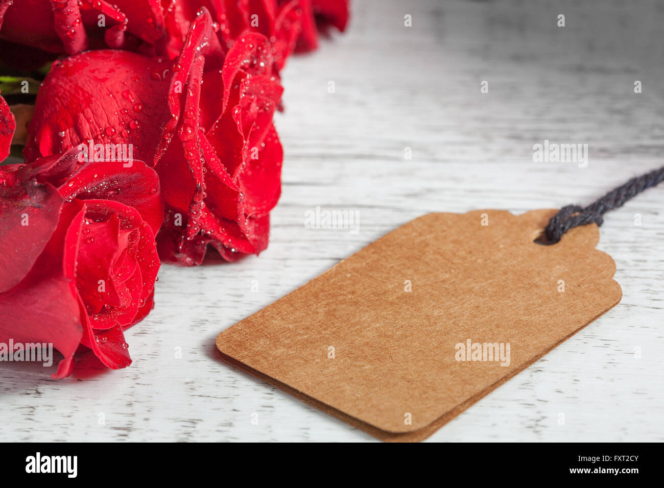 Rose rosse con gocce di acqua e dono tag bianco su tavola in legno rustico con copia spazio. Profondità di campo Foto Stock