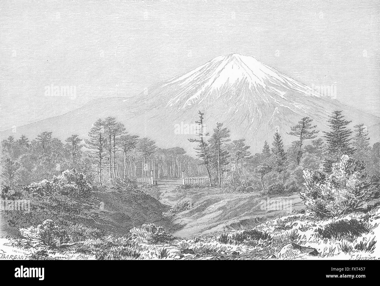 Giappone: una vista del Monte Fuji, antica stampa c1885 Foto Stock