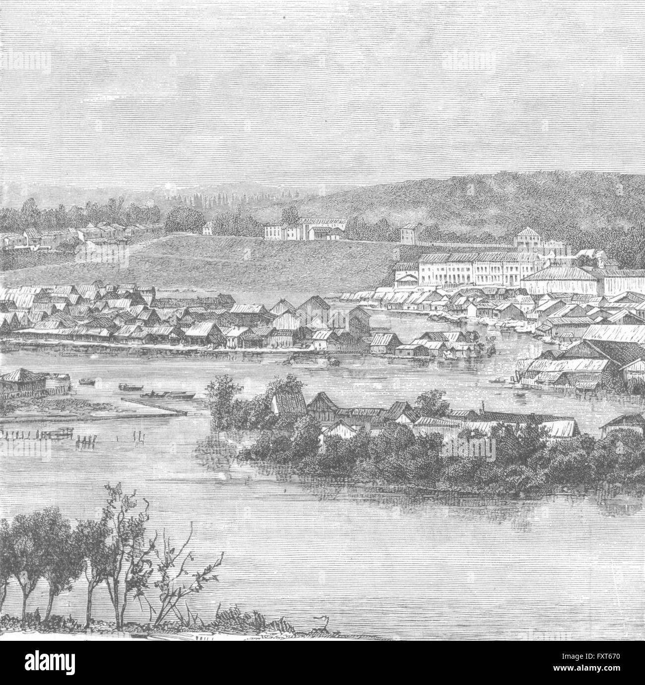 SINGAPORE: vista da Fort Canning, antica stampa c1885 Foto Stock