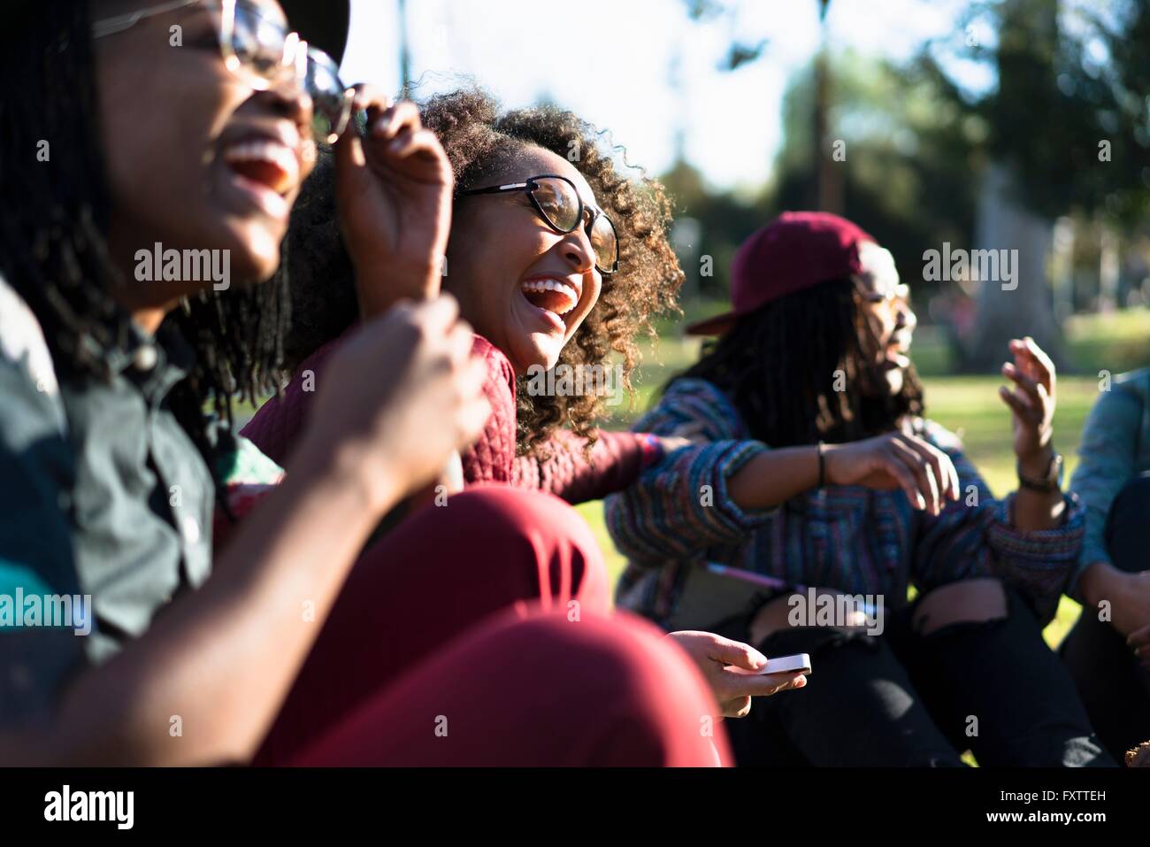 Il gruppo di amici di sesso femminile relax nel parco, ridendo Foto Stock
