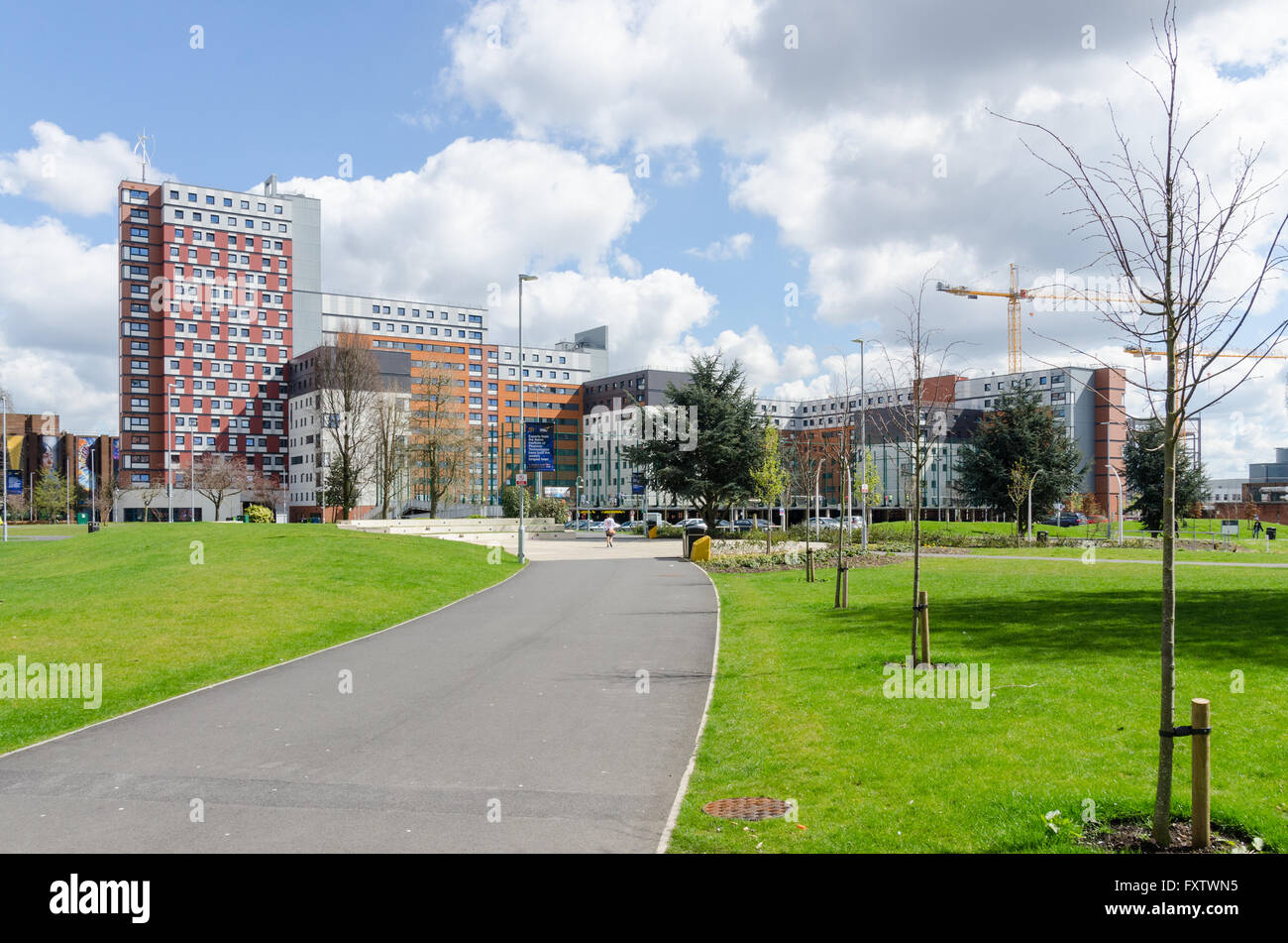 Spazi verdi aperti alla Aston University di Birmingham Foto Stock