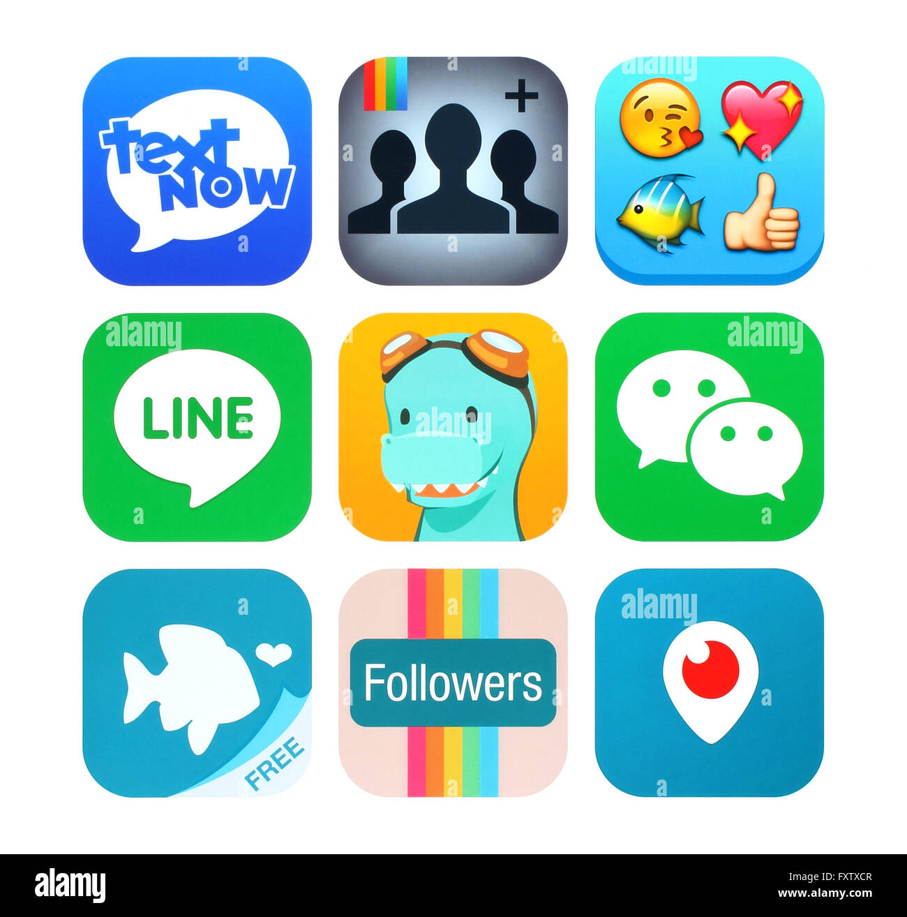 Kiev, Ucraina - 17 Febbraio 2016: Raccolta di popolari social networking icone stampate su carta: TextNow Foto Stock